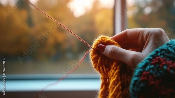 Fototapeta modern creative concept image - Close-Up of Hands Knitting with Vibrant Wool by a Sunlit Window high quality commercial photography