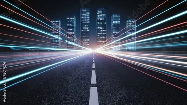 Obraz Experience the Dynamic Energy of a Modern Cityscape at Night with Vibrant Light Streaks and Sleek Architectural Design for a Futuristic Business Vibe