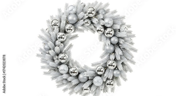 Fototapeta Flocked white Christmas wreath with silver baubles isolated on a transparent background image