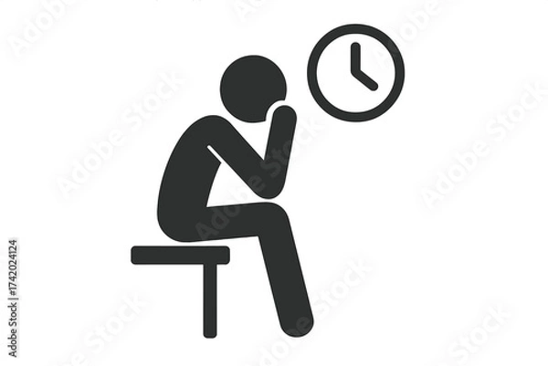 Fototapeta Waiting person icon. Man sitting on a chair looking stressed at a clock. Concept of waiting room, boredom, delay, deadline, time passing, anxiety, patience, procrastination.