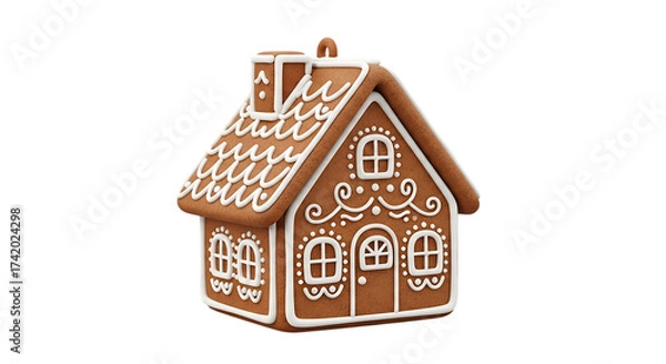 Fototapeta Gingerbread house with white icing decoration and chimney isolated on a transparent background cookie