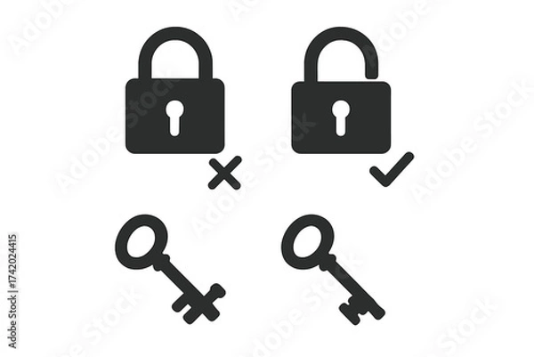 Fototapeta Right and wrong key for padlock icon set. Vector concept of access granted and denied. Security, safety, privacy. Correct versus incorrect choice. Unlocking problem solution.