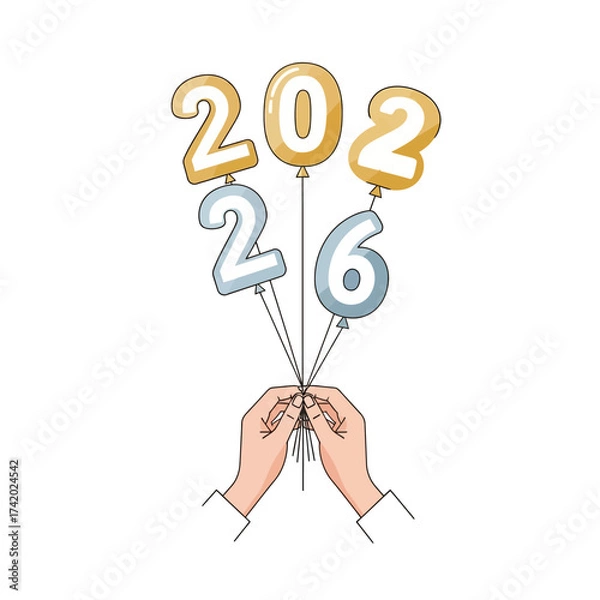 Fototapeta A vibrant illustration of the year 2026 surrounded by colorful balloons and festive fireworks, symbolizing a New Year celebration.