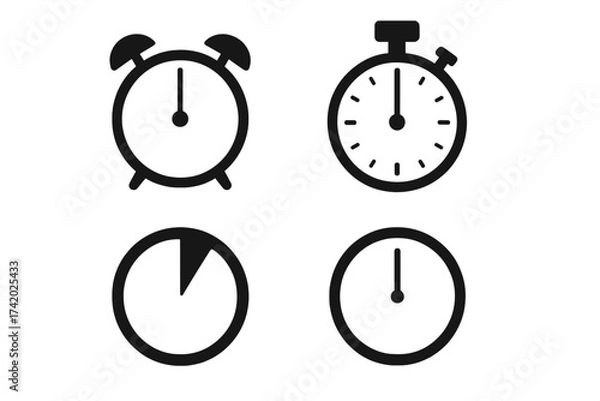 Fototapeta Time icons collection. Simple flat vector set with alarm clock, stopwatch, timer, and watch. Black silhouette symbols for countdown, deadline, and schedule concepts.