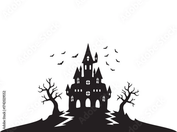 Obraz Black silhouette haunted castle with bats and dead trees