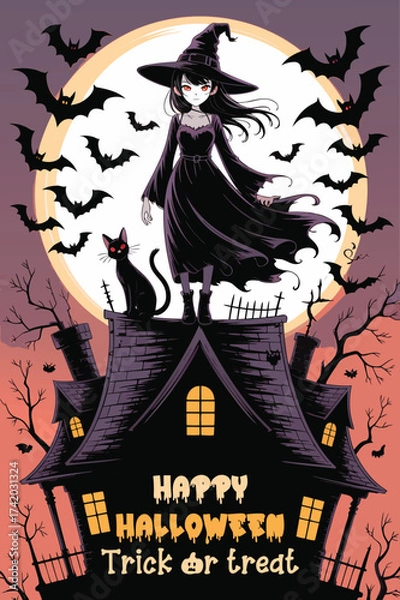 Fototapeta halloween background with witch and pumpkin