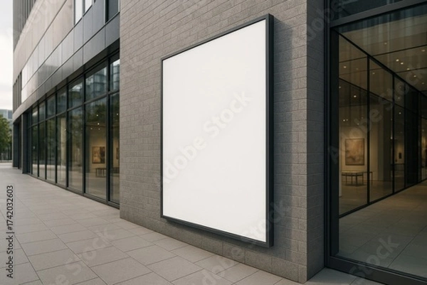 Fototapeta Blank vertical billboard on modern gray brick wall outside glass building with gallery interior, perfect for advertisement mockup or signage display. Ai generative