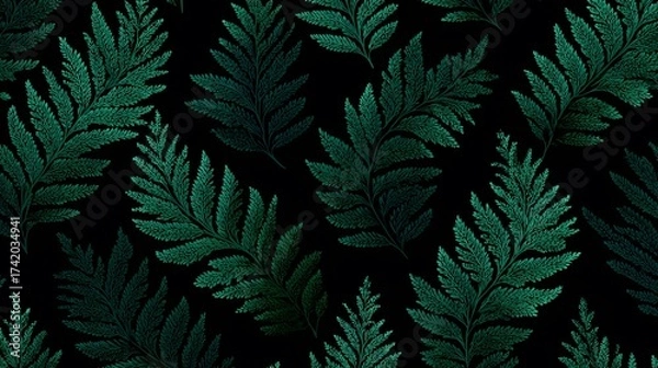 Fototapeta Beautifully illustrated and detailed pattern showcasing lush, green fern fronds arranged artfully across a dark, contrasting black background, offering a striking visual impact and a touch of...