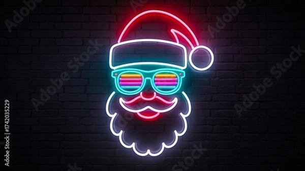 Obraz Neon santa face glowing christmas sign with colorful lights on dark brick wall background
