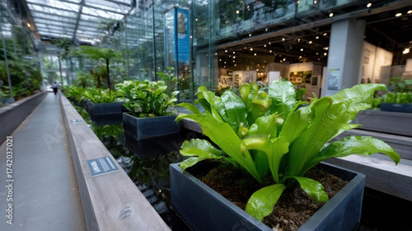 Fototapeta This image features vibrant green plants thriving in a beautifully designed indoor garden space, showcasing nature’s beauty and tranquility amidst modern architecture.