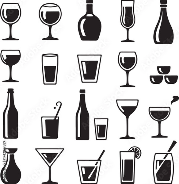 Fototapeta Collection of assorted alcoholic and non alcoholic drinkware and bottles