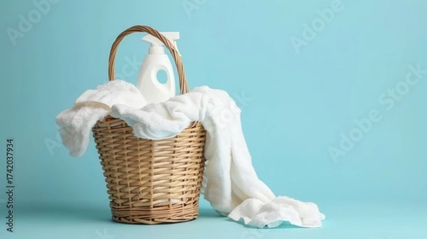 Fototapeta A wicker laundry basket filled with towels on a light background. The concept of home comfort.