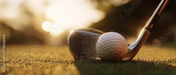 Obraz The Golf Ball and Iron Club Resting on Dewy Fairway at Golden Hour