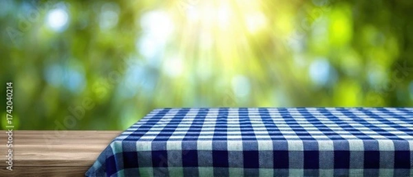 Obraz The Table with Blue Checkered Tablecloth on Wooden Surface in Sunny Outdoor Garden