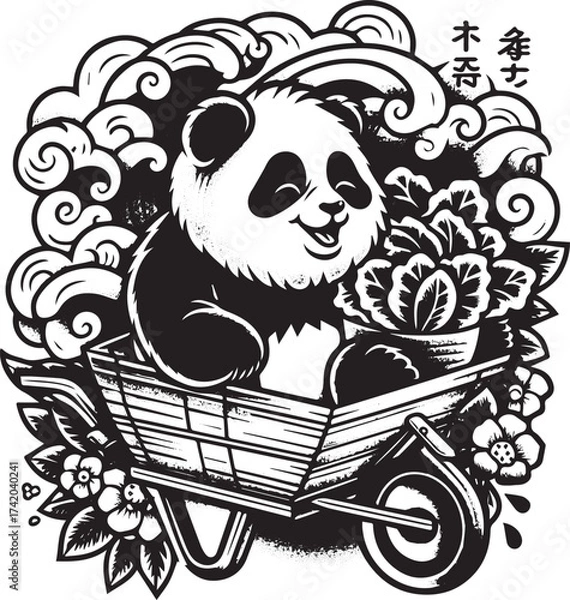 Fototapeta Charming Panda in Wheelbarrow with Flowers and Clouds: A Whimsical Black and White Illustration