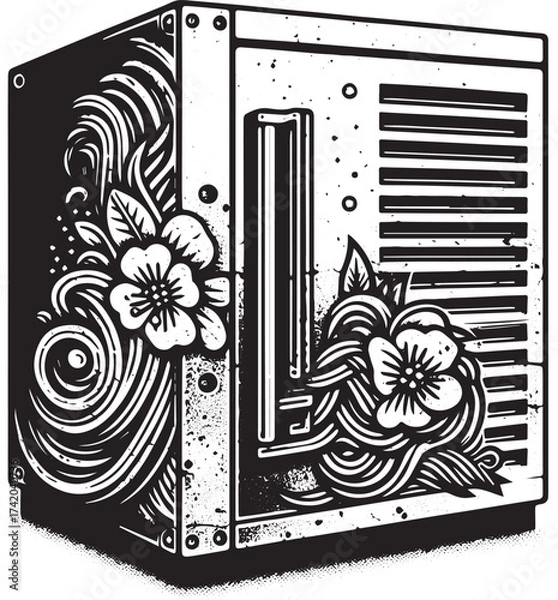 Fototapeta Unique black and white illustration of a computer tower with floral designs and intricate details