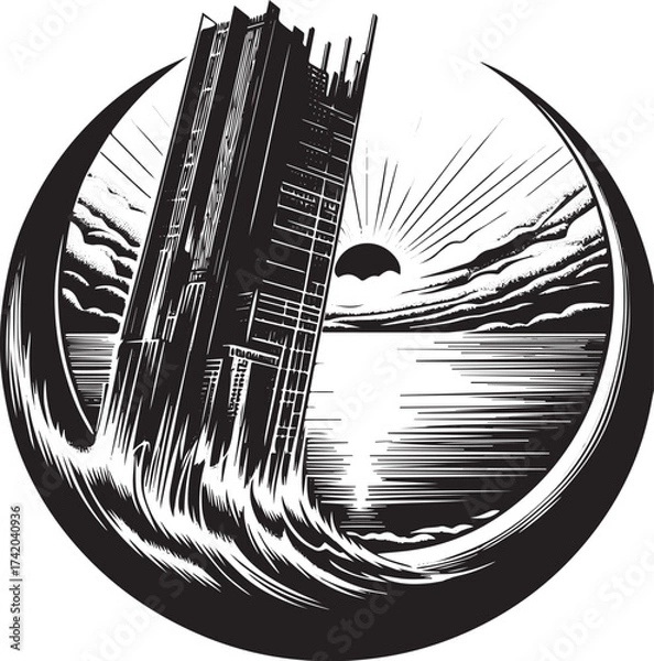 Fototapeta Monochrome Artistic Illustration of a Tower Emerging from Water with a Sunrise in the Background