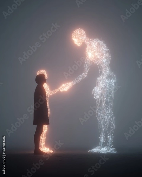 Obraz Abstract glowing wireframe of a humanoid robot shaking hands with a human.