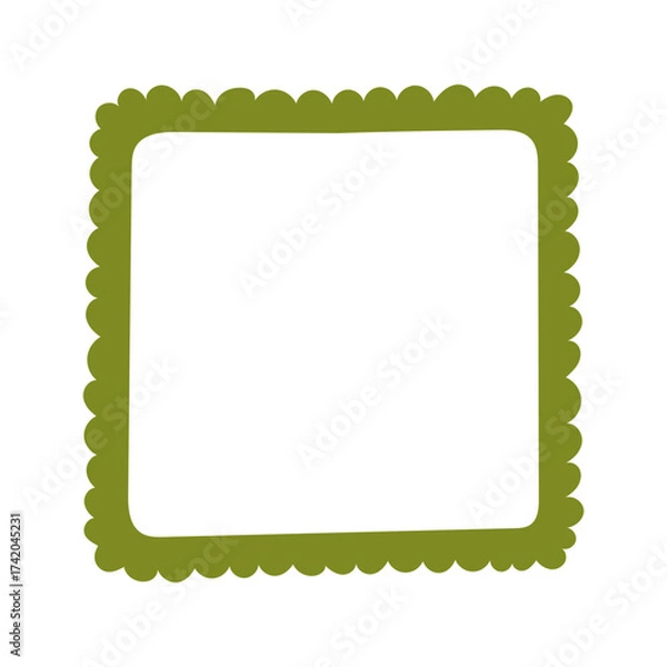 Fototapeta A single hand-drawn square frame with rounded wavy edges. Bold olive green decorative border in minimalist doodle style. Great for scrapbooking, invitations, cards, posters, photo albums, and crafts.