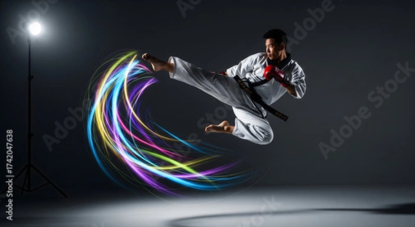 Fototapeta Taekwondo Master Mid-Air Kick Surrounded by Colorful Trails, Capturing Action and Speed in Martial Arts