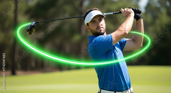 Fototapeta Professional Golfer in Full Swing, Displaying Kinetic Energy with Graphic Overlay, Energetic Golf Swing with Driver on Green Course, Enhanced with Green Kinetic Motion Visualization