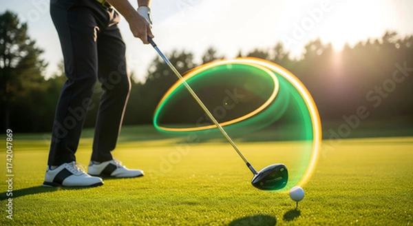 Fototapeta Golf Swing Power Trail on the Green, Golfing Action Captured with a Motion Blur Effect