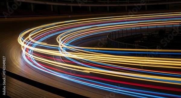 Fototapeta Velodrome Speed Blur: A Symphony of Light and Motion on the Track, Speed of Light, Light Trails on a Velodrome