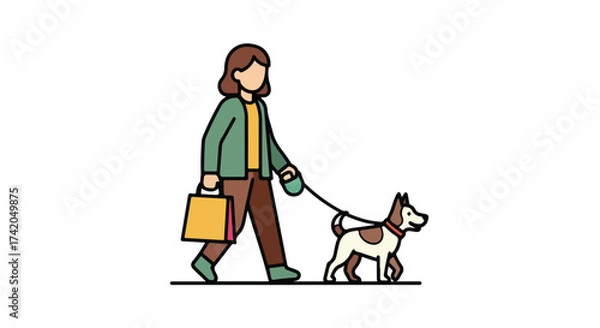 Fototapeta Stylized depiction of a woman walking her dog with shopping bag on a solid white background for various creative projects