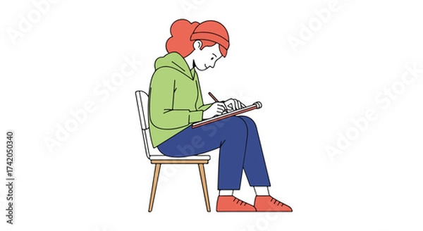 Fototapeta Illustration of a focused woman wearing a hoodie, seated on a chair and writing or drawing in a sketchpad, isolated on a clean white backdrop