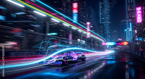Fototapeta Speed and Neon: A Formula 1 Race Car Blazes Through a Futuristic Cityscape, Cityscape at night: High-Speed Racing Car Surrounded by Neon Lights
