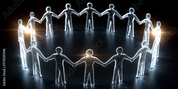 Fototapeta Biotech innovation funding event global collaboration digital art illuminated circle of people