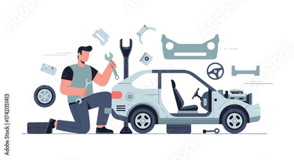 Obraz Auto mechanic repairing car: Conceptual illustration of vehicle maintenance and restoration showcasing professional service and component replacement