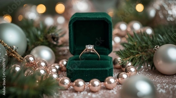 Fototapeta A luxurious and romantic Christmas scene featuring an engagement ring in a green velvet box surrounded by ornaments and pine branches