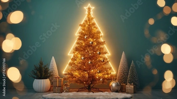 Fototapeta A modern and stylish Christmas scene with a glowing tree, decorative gifts, and snowy accents
