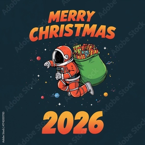 Fototapeta A playful and futuristic holiday scene featuring an astronaut carrying a gift sack with a Merry Christmas 2026 message