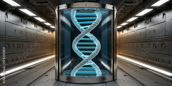 Fototapeta Biotech innovation funding event showcasing cutting-edge dna technology in a futuristic lab environment