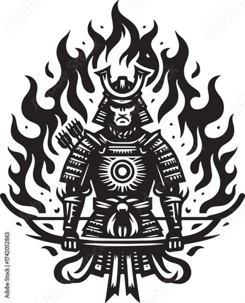 Fototapeta Illustration of a Samurai Warrior in Armor Surrounded by Flames in a Black and White Design