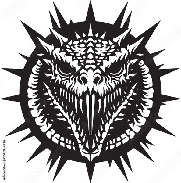 Fototapeta Intricate Black and White Dragon Head Design with Spikes for Fantasy and Creative Projects