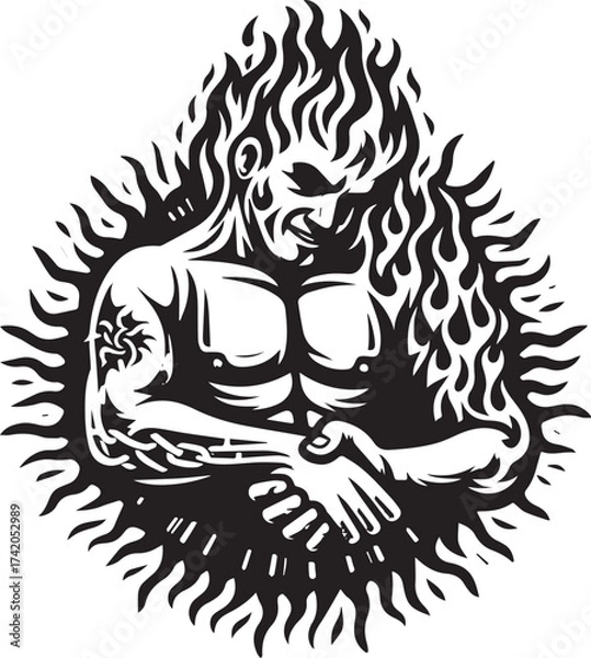 Fototapeta Black and white illustration of a muscular man shaking hands engulfed in flames and fire effect