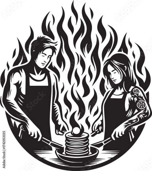 Fototapeta Illustration of a chef couple preparing pancakes with fire in the background in a creative vector
