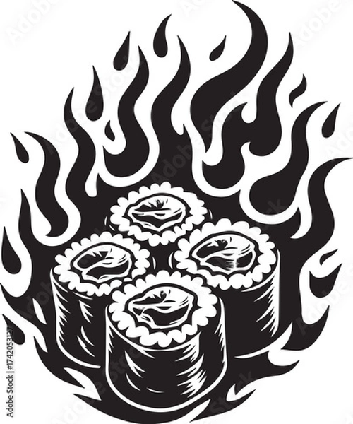 Fototapeta Black and white illustration of sushi rolls engulfed in flames suitable for menu design