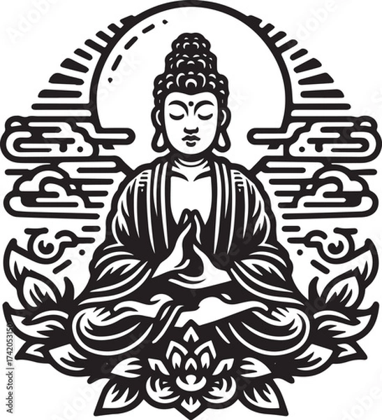 Fototapeta Intricate Black and White Illustration of a Meditating Buddha with Lotus and Clouds