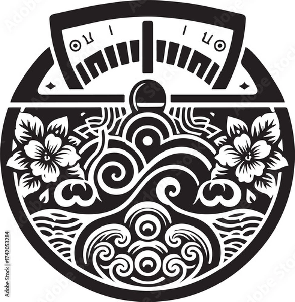 Fototapeta Intricate Black and White Illustration of an Artistic Weighing Scale with Floral Elements