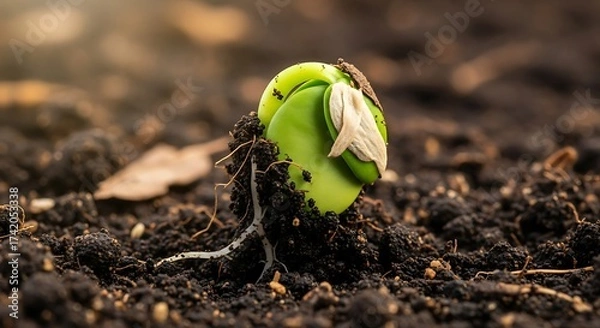 Fototapeta Delicate sprout emergence from earth, a vibrant symbol of new beginning