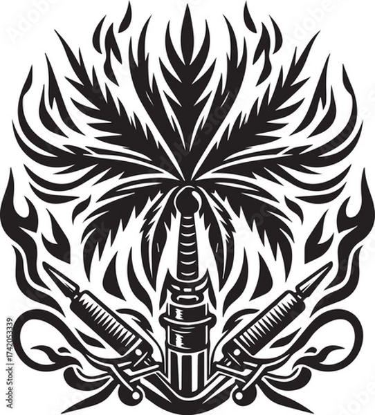 Fototapeta Intricate Black and White Tattoo Design Featuring a Sword, Syringes, and Ornate Abstract Elements