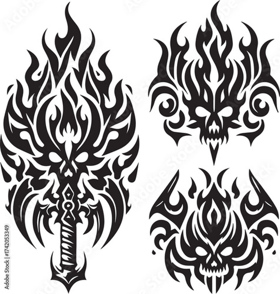 Fototapeta Intricate black and white tribal skull and flame vector illustration, perfect design element