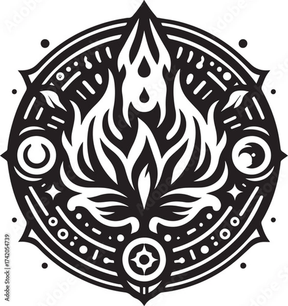 Fototapeta Intricate Black and White Circular Design Featuring Flames and Ornamental Geometric Elements