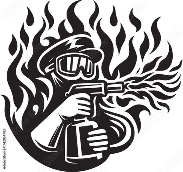 Fototapeta Illustration of a person with a flamethrower surrounded by flames, black and white artwork