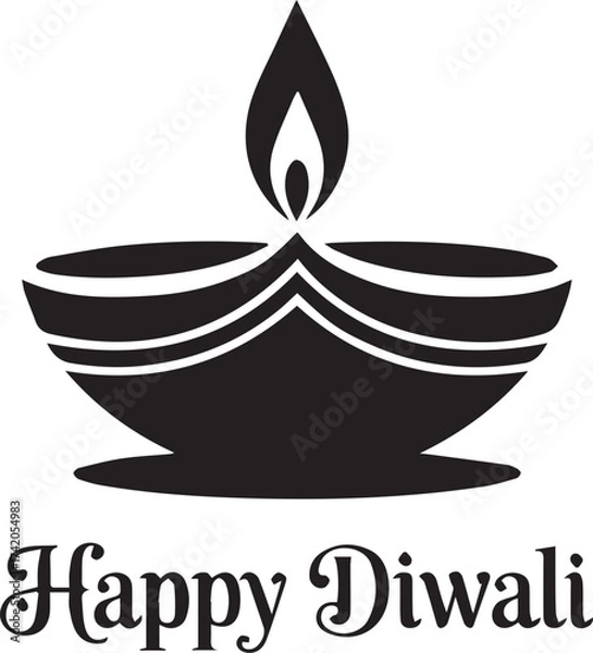 Fototapeta Simple black silhouette of a diya lamp with happy diwali text