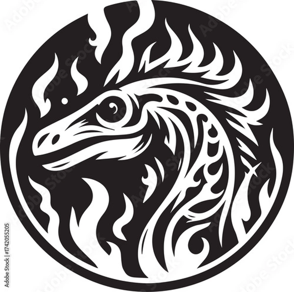 Fototapeta Dramatic black and white illustration of a dragon's head encompassed by flames in a circular design